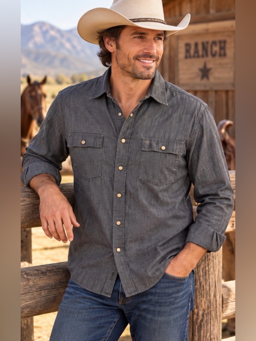 Calvin Klein Men’s Medium Gray Chambray Snap Front Western Shirt